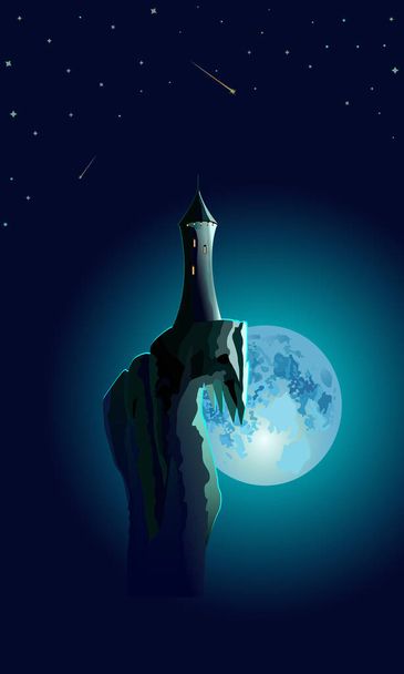 Vektor-Illustration mit einem Turm auf einem Felsen vor dem Hintergrund des Nachthimmels und einem blauen Planeten zum Drucken auf Postkarten, Kleidung, Banner sowie für die Innendekoration, Illustrationen und Bucheinbände in fantastischem Stil - Vektor, Bild