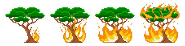 Pixel boom verbranding vuur podium. Vuur overspoelt langzaam groene grote boom.. - Vector, afbeelding