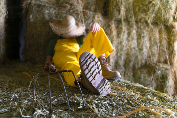 Male Farmer With Work Tool Lying On Hay - Zdjęcie, obraz