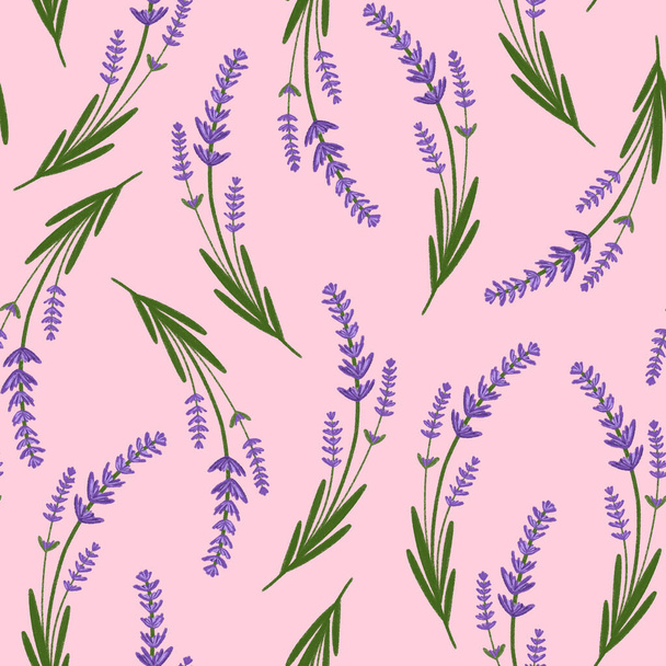 Seamless pattern with branches of blooming lavender on a pink background. Hand drawn digital illustration. Perfect for textiles, wrapping paper, scrapbooking,  stationery, cards, packaging, labels. - Photo, Image
