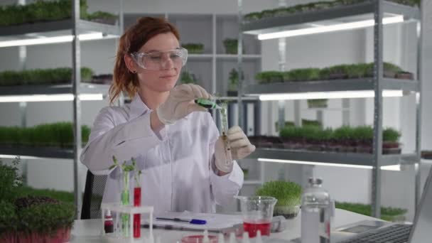 εργαστήριο βιολογικής έρευνας, θηλυκό βοηθός εργαστηρίου εξετάζει φυτό σε δοκιμαστικό σωλήνα, στάζει αντιδραστήριο και γράφει παρατήρηση στο σημειωματάριο - Πλάνα, βίντεο
