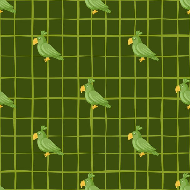 Animal decorative seamless pattern with doodle parrot elements. Green chequered background. Designed for fabric design, textile print, wrapping, cover. Vector illustration. - Vettoriali, immagini