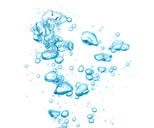 Bubble soda and blue oxygen air, in underwater clear liquid with bubbles flowing up on the water surface, isolated on a white background - Photo, Image