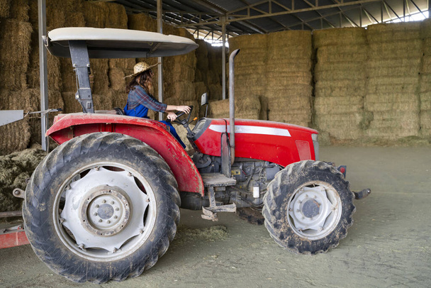 フィールド内の女性農家の運転トラクターのクローズアップ - 写真・画像