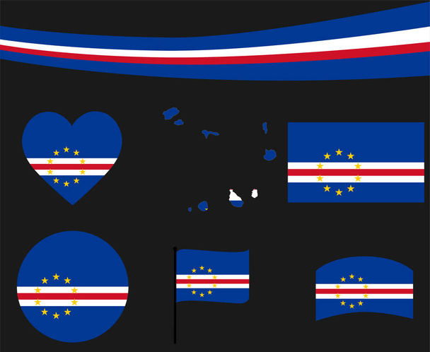 Mapa de la Bandera de Cabo Verde Iconos de Cinta y Corazón Vector Ilustración Abstract National Emblem Design Elements collection - Vector, imagen