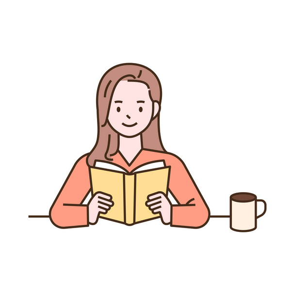 Μια γυναίκα κάθεται στο γραφείο της και διαβάζει ένα βιβλίο. περίγραμμα απλή διανυσματική απεικόνιση. - Διάνυσμα, εικόνα