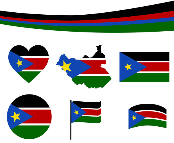 Лента флага Южного Судана и иконки сердца векторные иллюстрации абстрактные национальные элементы дизайна эмблемы коллекция - Вектор,изображение