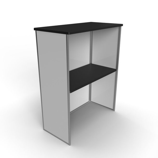 Point of Sale Tisch Rücken, Arbeitsplatte, Markentisch. Ein 3D gerenderter POS-Tisch mit Aluminiumrahmen, schwarzer Stahlplatte und Plexiglas-Seitenteilen für Branding mit weißem Hintergrund für Attrappen. - Foto, Bild