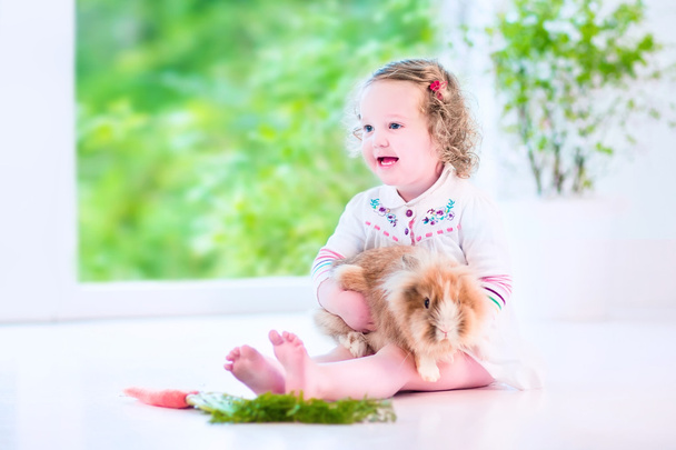 Little girl playing with a bunny - Photo, Image