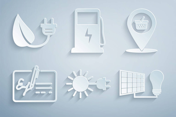 Set Sun with electric plug, Location shopping basket, Signed document, Solar energy panel and light bulb, Electric car charging station and saving leaf icon. Vector - Vector, Image