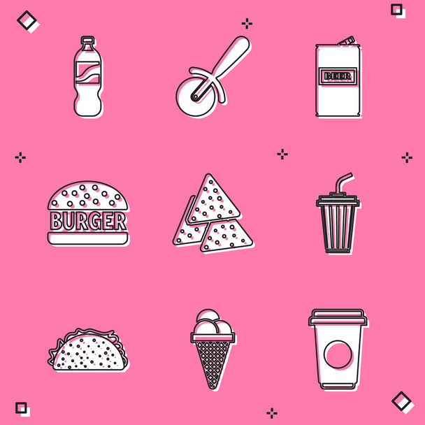 Set Bottle of water, Pizza knife, Beer can, Burger, Nachos, Glass with, Taco tortilla and Ice cream in waffle cone icon. Vector - Vector, Image