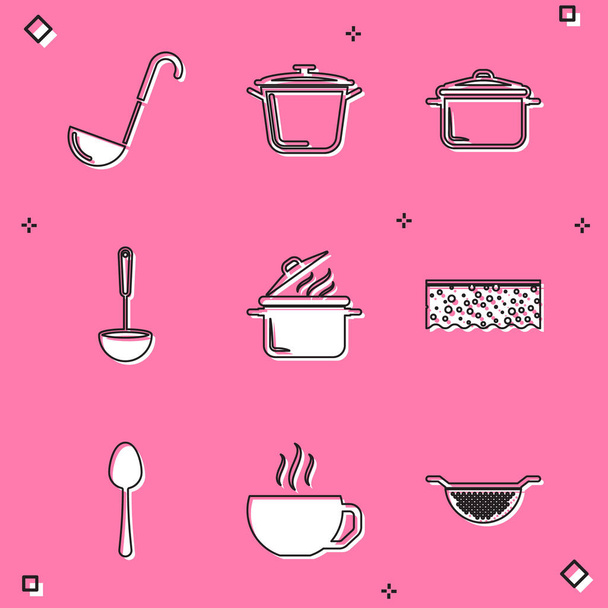 Set Küchenkelle, Kochtopf, Schwamm mit Blasen, Löffel und Kaffeetasse Symbol. Vektor - Vektor, Bild