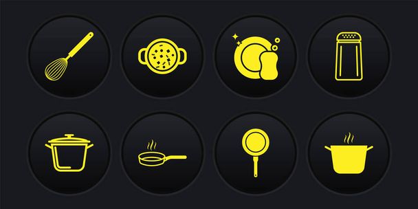 Beállítás főzőedény, só és bors, serpenyő, Mosogató edények, leves, és Konyha habverő ikon. Vektor - Vektor, kép