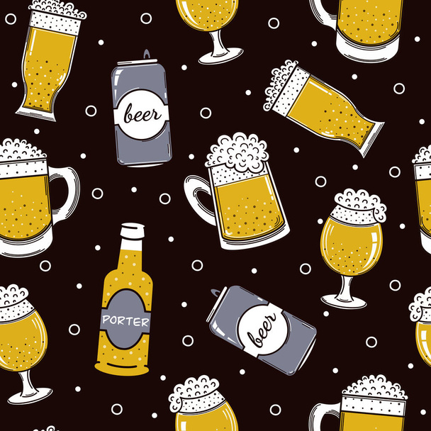 Beer packaging seamless vector pattern. Foamy drink in a bottle, can, glass, mug. Alcohol sketch. Cold ale on a black background. Flat style. Illustration for decoration and design of a pub or bar - Vector, Image
