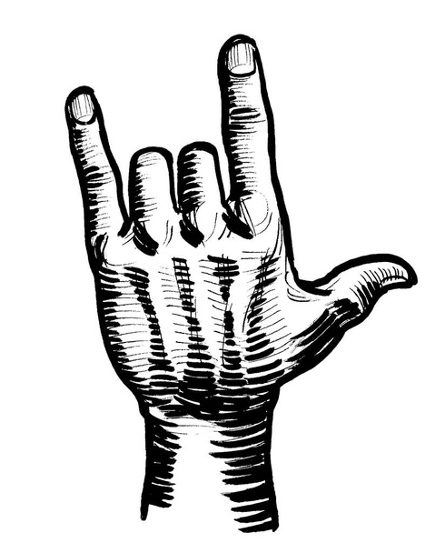 A kéz Heavy Metal Rock jelet mutat. Tinta fekete-fehér rajz - Fotó, kép
