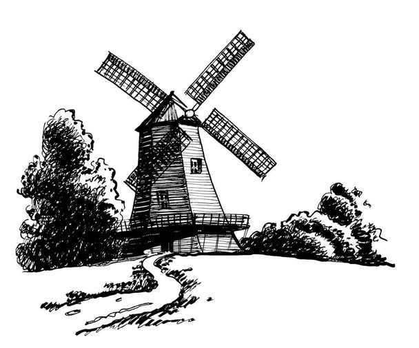 Starý větrný mlýn. Černobílá kresba inkoustu - Fotografie, Obrázek