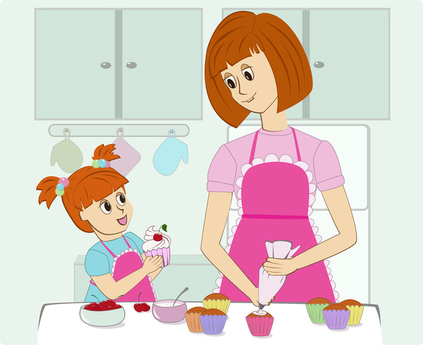 Мама и ее дочь готовят на кухне
 - Вектор,изображение