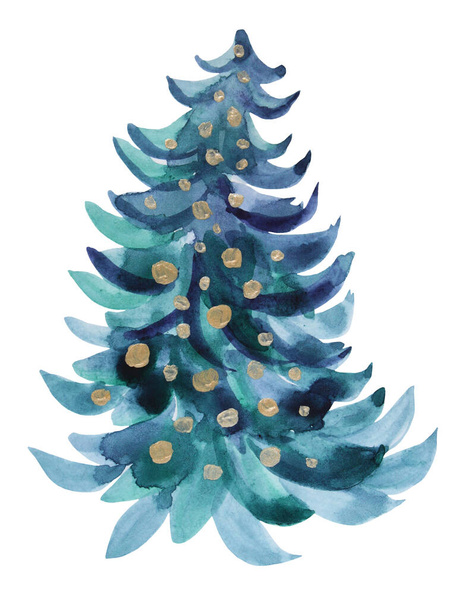 Watercolor hand-drawn blue and green christmas tree naive art isolated on white background. Art creative new year object for card, wallpaper, gift, textile - Foto, Bild