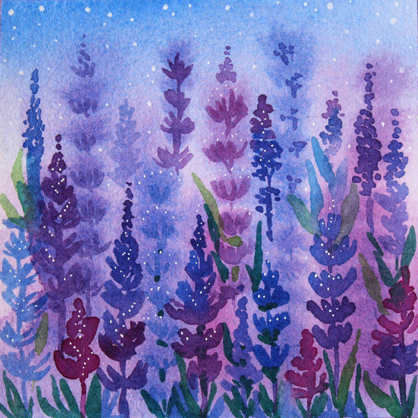 Watercolor hand-drawn purple flower lavender with leaves and blue sky. Art nature background for card, wedding, celebration, wallpaper, textile, wrapping - Photo, Image