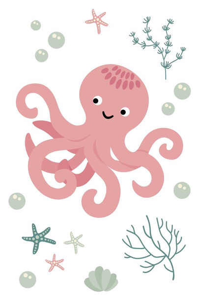 Postkarte mit süßem handgezeichneten Oktopus. Weißer Hintergrund, isoliert. Vektorillustration. - Vektor, Bild