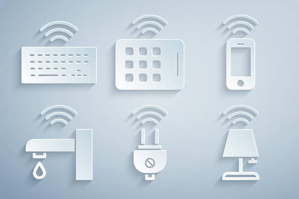 Set Smart elektrická zástrčka, Bezdrátový smartphone, vodovodní kohoutek, stolní lampa, tablet a ikona klávesnice. Vektor - Vektor, obrázek