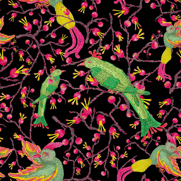Nahtloses Muster mit grünen Eden-Vögeln und Fuchsia-Beeren auf schwarzem Hintergrund. Illustration für Mode, Sonderanfertigungen, Nachdrucke... - Foto, Bild