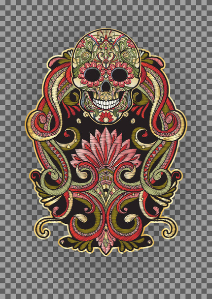 Patch, embroidery imitation. Decorative floral motif with human skull - Vector, Image