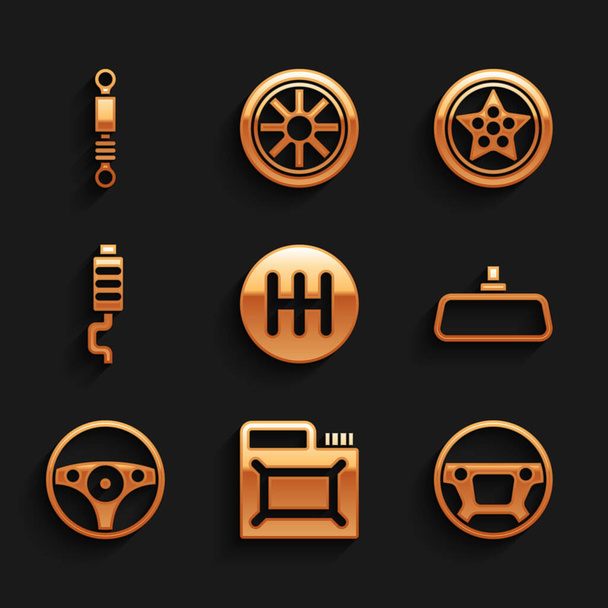 Set cambio marcia, contenitore per olio motore, volante, specchio auto, silenziatore e icona ammortizzatore. Vettore - Vettoriali, immagini