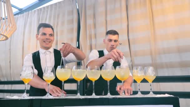 Bartenders prepare cocktails during the festival. Preparation of summer cocktails chilled with ice. - Footage, Video