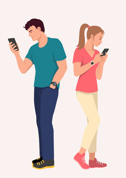 Eenvoudige platte vector illustratie van man en vrouw chatten, berichten met behulp van hun mobiele telefoon - Vector, afbeelding