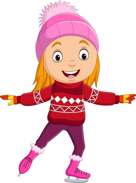 Ilustración vectorial de linda niña usando ropa de invierno patinaje sobre hielo - Vector, imagen