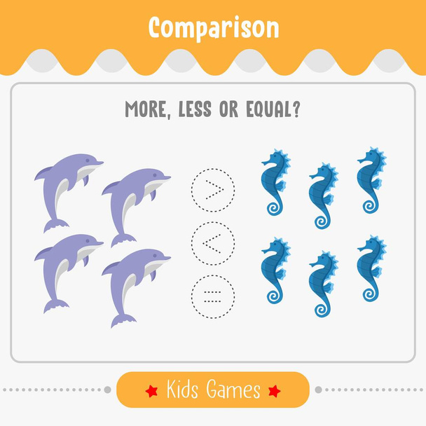 Math game comparison of Number for kids more, less or equal math game education - Vector, Image