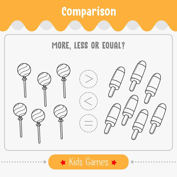 Math game comparison of Number for kids more, less or equal math game education - Vector, Image
