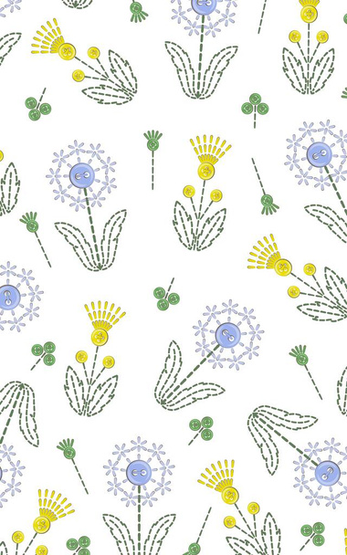 Embroidery and needlework. Sample. Imitation of flowers and leaves in the form of embroidery, decorated with buttons. Vertical layout. Vector illustration. - Διάνυσμα, εικόνα