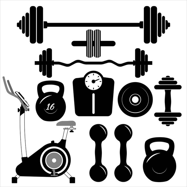 Dumbbells sign icons. Fitness sport symbols. Gym workout equipment. Barbell Icon. Flat black icons on white. Set of icons with sports equipment for the gym. - Photo, Image