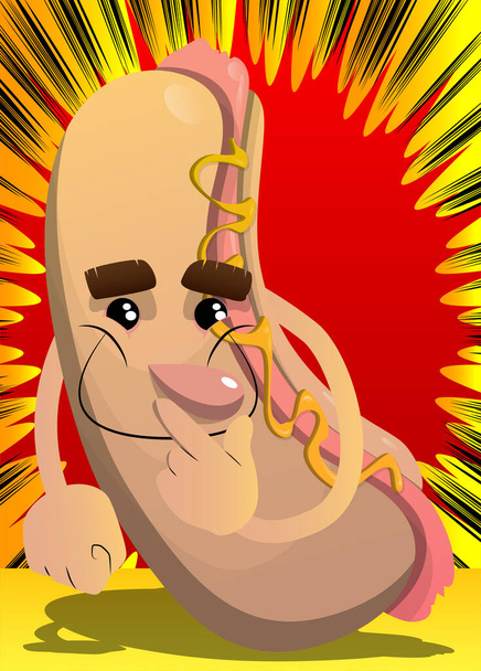 Hot Dog trzyma palec przed ustami. American fast food jako postać z kreskówek z twarzy. - Wektor, obraz