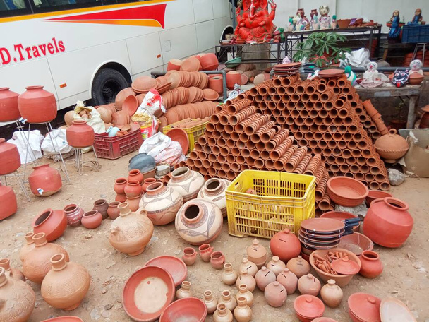 clay pottery is showing on roadside in jaipur,rajasthan,india - Photo, Image