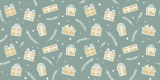 Endless texture with golden gift boxes with ribbons and bows and white fir branches on a gray background with snowflakes. Vector seamless pattern for festive design, Christmas wallpaper, wrapping paper, packaging, giftwrap, surface texture and print - Vetor, Imagem