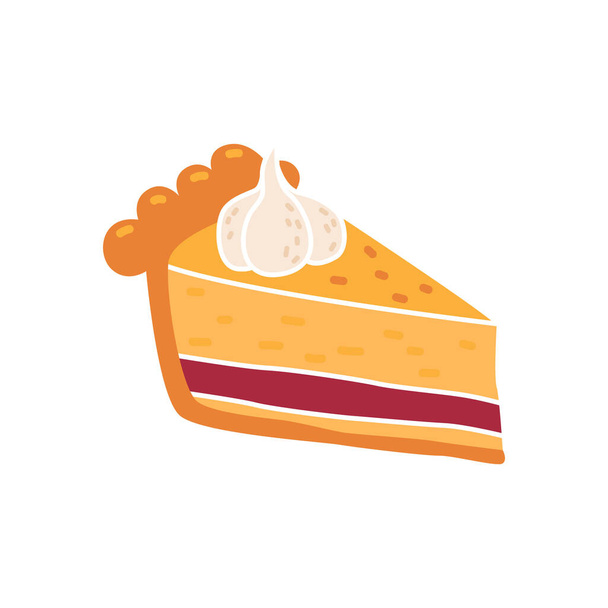 Beautiful tasty slice of American pumpkin pie with cranberries and cream. Traditional dish for Thanksgiving dinner. Autumn dessert for the harvest festival. Homemade pastries. Bright doodle icon. - Vector, Image