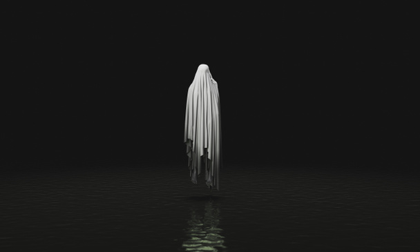 Böser Geist schwebt über einem dunklen See. Geist mit dunklem Körper. Gruselige Szene. Halloween-Konzept. 3D-Darstellung - Foto, Bild