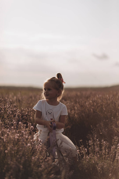 Little girl walking and playing in field with lavander - Photo, Image