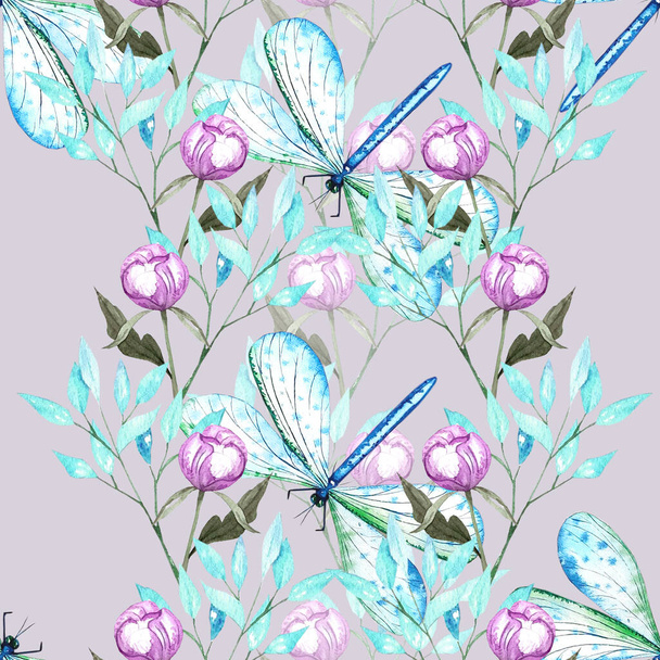 Watercolor pattern with dragonflies and flowers. Texture for cards, fabrics, wallpaper, design. - Фото, зображення