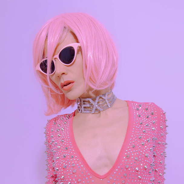 Disco Lady. Pink vibes. Back in 80s look, retro fashion. Clubbing glamour style - Photo, image