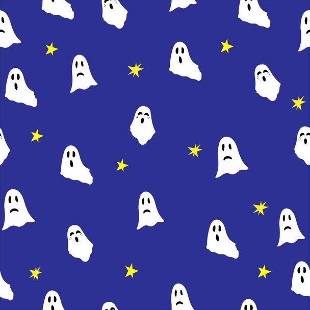 scared and crying ghosts on blue background, simple pattern for printing on tnani, banners, halloween background with white ghosts and stars on the night sky - Fotó, kép