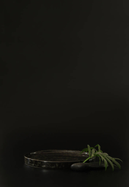 podium noir sur le fond noir avec des feuilles tropicales et des roches de spa. Podium pour produit, présentation cosmétique. Modélisation créative. Piédestal ou plateforme pour produits de beauté. - Photo, image