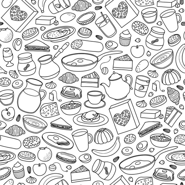 Black and white seamless pattern with hand drawn buffet style breakfast dishes. - Vektor, Bild