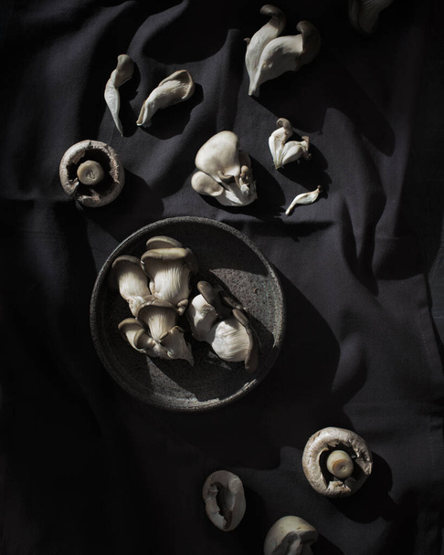 Frische Pilze auf dunklem Hintergrund, Textilien. Food-Foto in grau monochrom. Chiaroscuro auf einem Stillleben. Austernpilze und Pilze in einem Keramikteller. - Foto, Bild