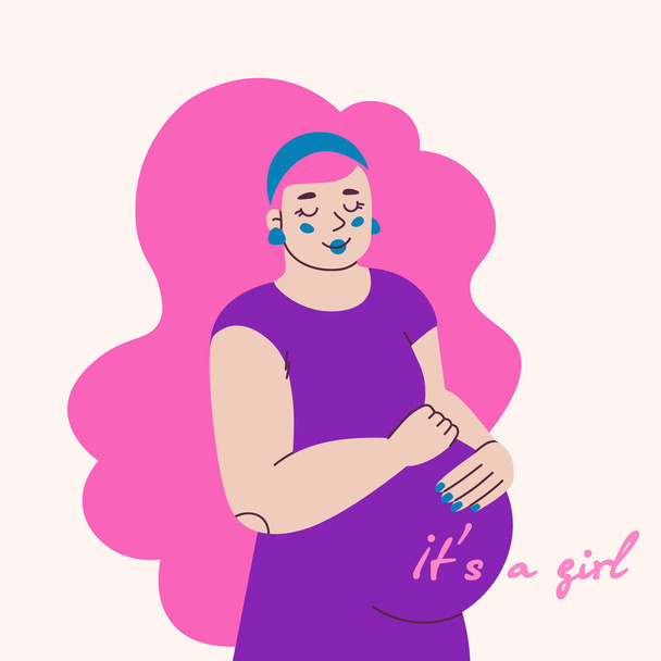 Zwangere mooie jonge vrouw met roze haar. Tekst het is een meisje. Illustratie voor sticker of wenskaart voor gender onthullende partij. - Vector, afbeelding