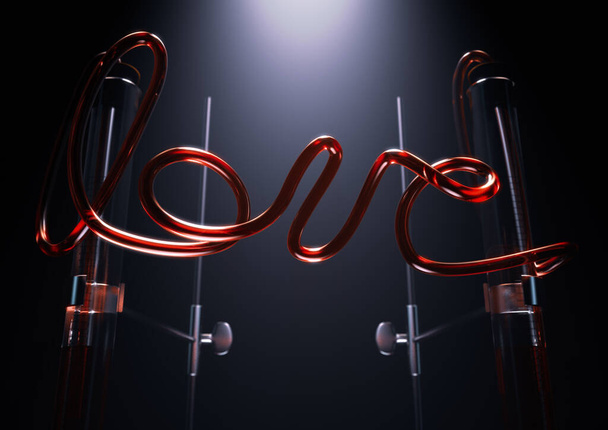 Un concetto di chimica del vetro impostato con la parola amore scritto in liquido rosso nei tubi tra due pipette riflesse su uno sfondo scuro isolato - rendering 3D - Foto, immagini