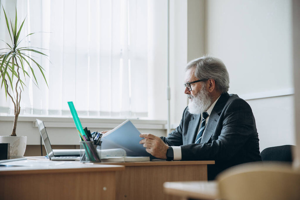 Portrait of elderly gray-headed man, professor, teacher checking up students homework at classroom, indoors. Concept of professional occupation, job, education - Photo, image